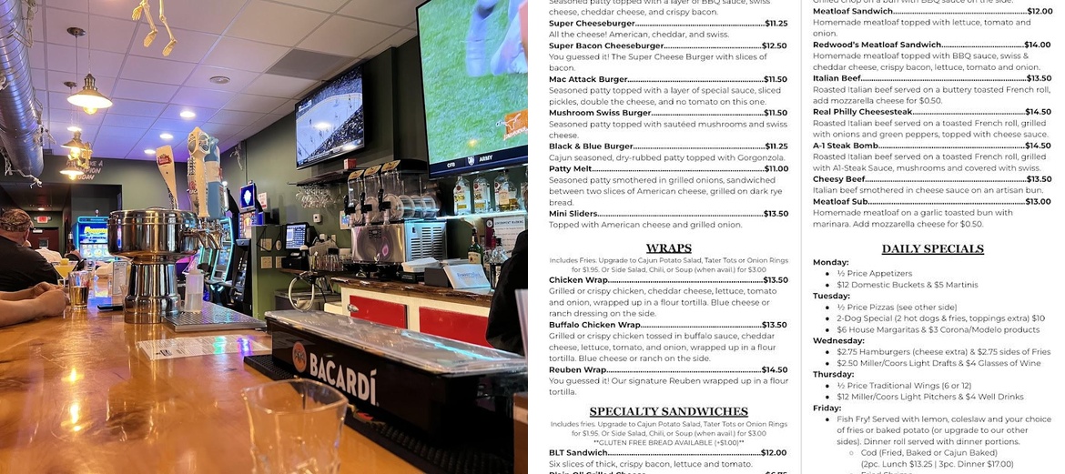 Redwoods Sports Bar & Grill Menu